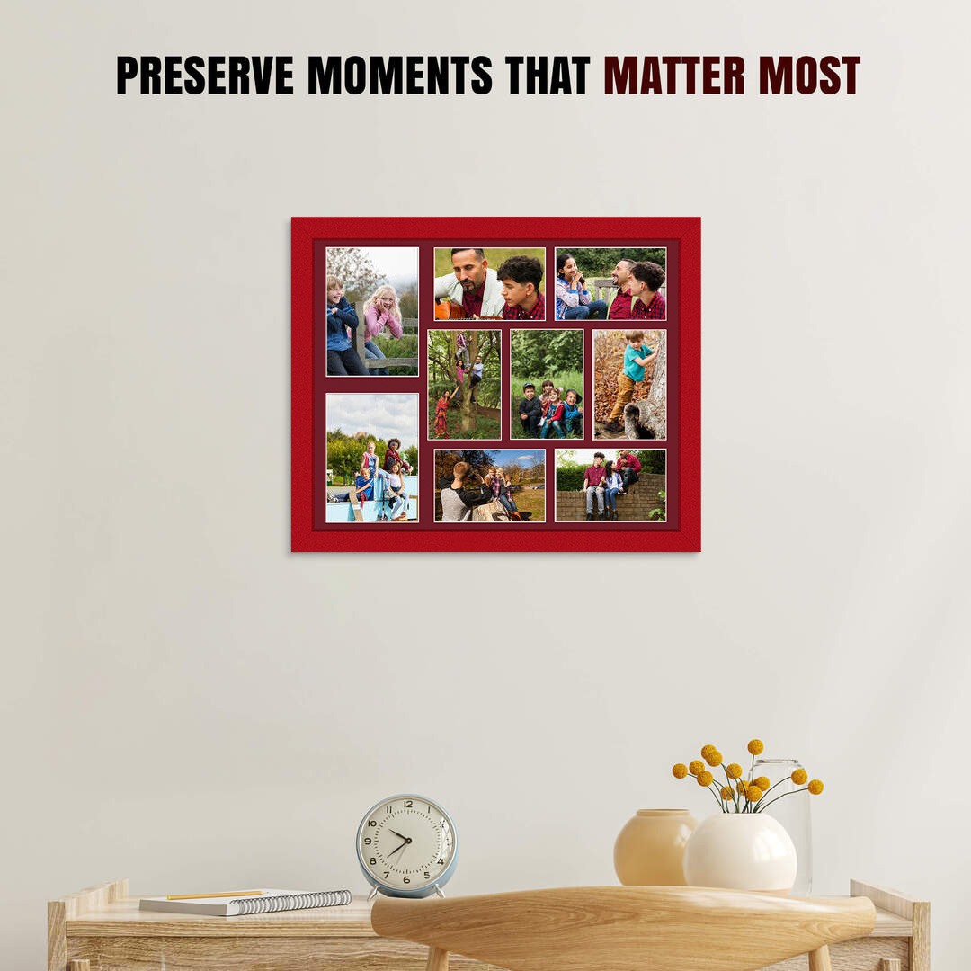 20x16" Red Modern Multi Aperture Photo Frame Holds 7x5" (x2) & 6x4" (x7) Photos With Burgundy Mount | Modern Collage Frame thumbnail 2