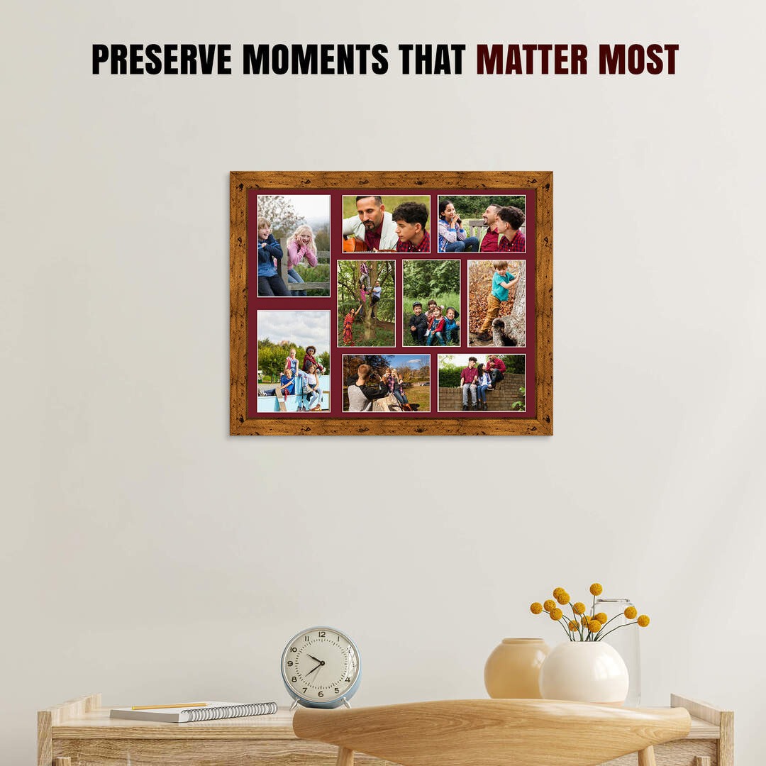 20x16" Rustic Oak Modern Multi Aperture Photo Frame Holds 7x5" (x2) & 6x4" (x7) Photos With Burgundy Mount | Modern Collage Frame thumbnail 2