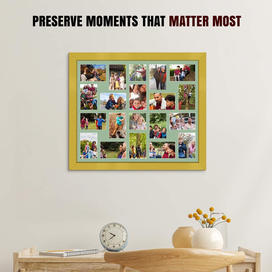 80x70cm Gold Modern Multi Aperture Photo Frame Holds 6x4" (x18) & 4x4" (x2) Photos With Sage Green Mount | Modern Collage Frame thumbnail 2