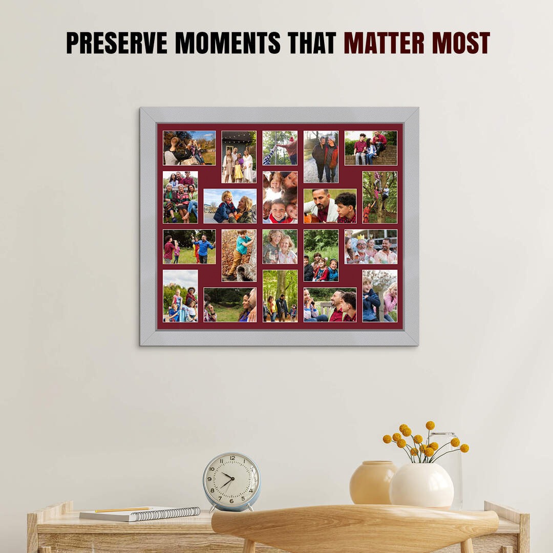 80x70cm Silver Modern Multi Aperture Photo Frame Holds 6x4" (x18) & 4x4" (x2) Photos With Burgundy Mount | Modern Collage Frame thumbnail 2