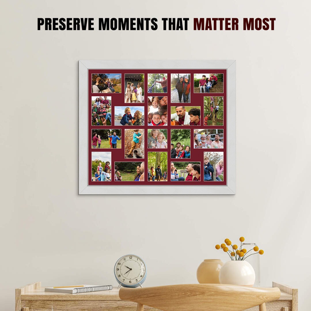 80x70cm Ash White Modern Multi Aperture Photo Frame Holds 6x4" (x18) & 4x4" (x2) Photos With Burgundy Mount | Modern Collage Frame thumbnail 2