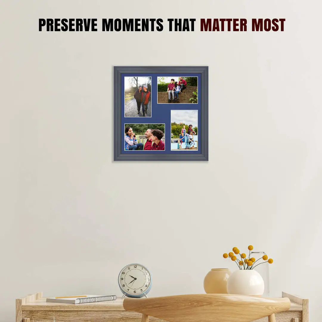 12x12" Dark Grey Classic Multi Aperture Photo Frame Holds 6x4" (x4) Photos With Blue Mount | Modern Collage Frame thumbnail 2