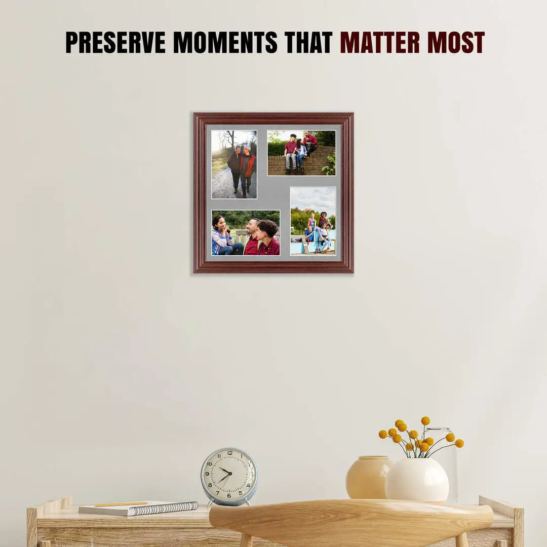 12x12" Rose Wood Classic Multi Aperture Photo Frame Holds 6x4" (x4) Photos With Silver Mount | Modern Collage Frame thumbnail 2