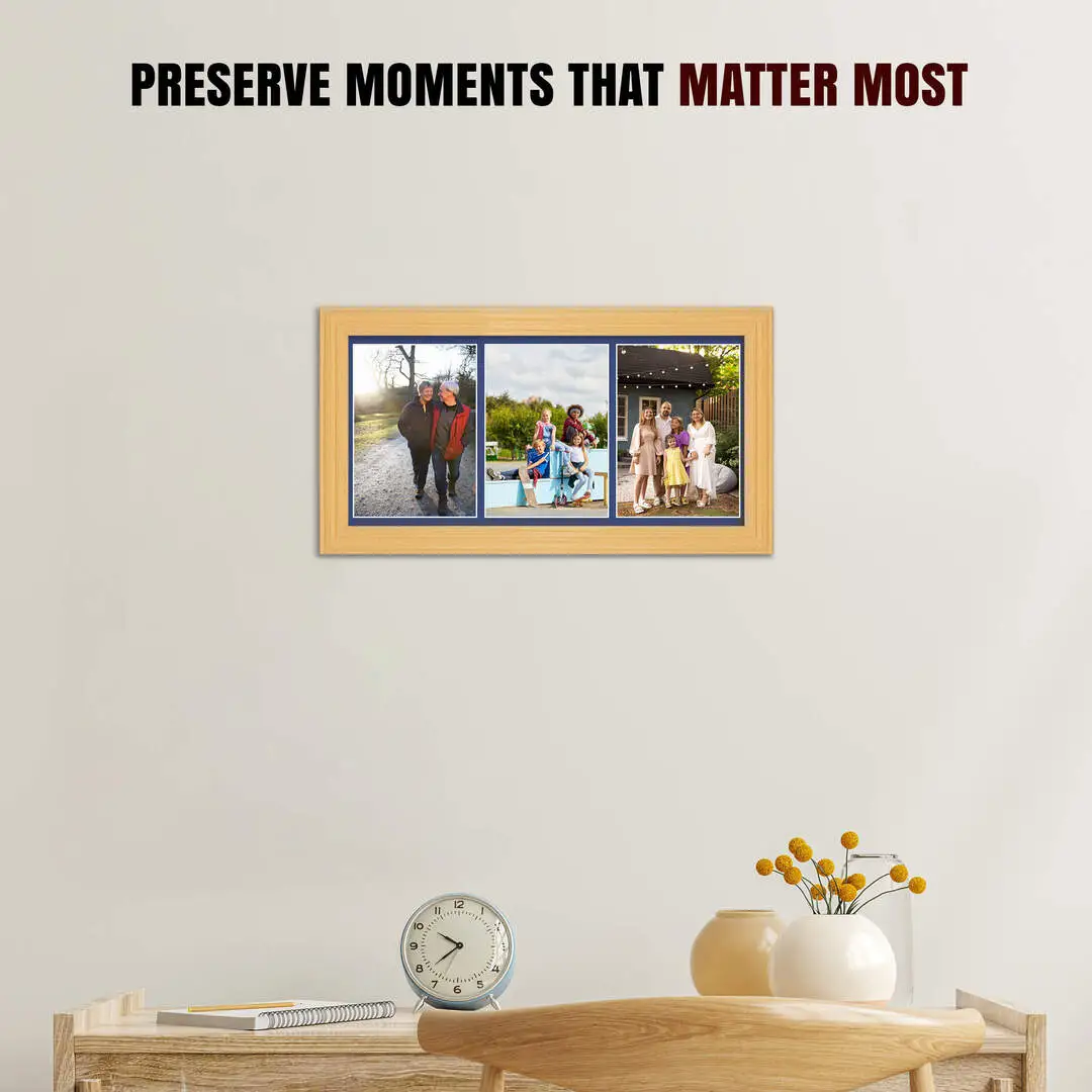 16x8" Country Pine Classic Multi Aperture Photo Frame Holds 7x5" (x3) Photos With Blue Mount | Modern Collage Frame thumbnail 2