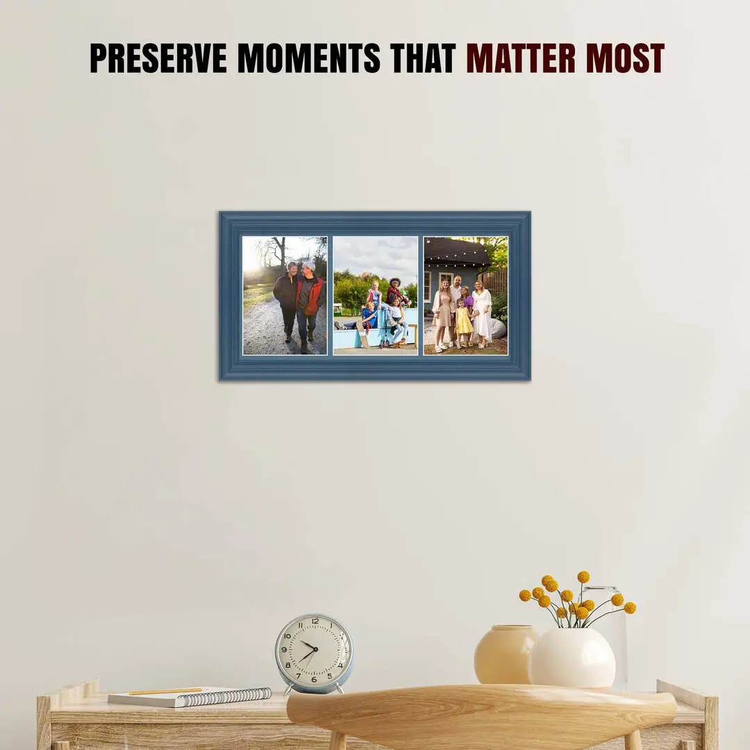 16x8" Navy Blue Classic Multi Aperture Photo Frame Holds 7x5" (x3) Photos With Pompador Mount | Modern Collage Frame thumbnail 2