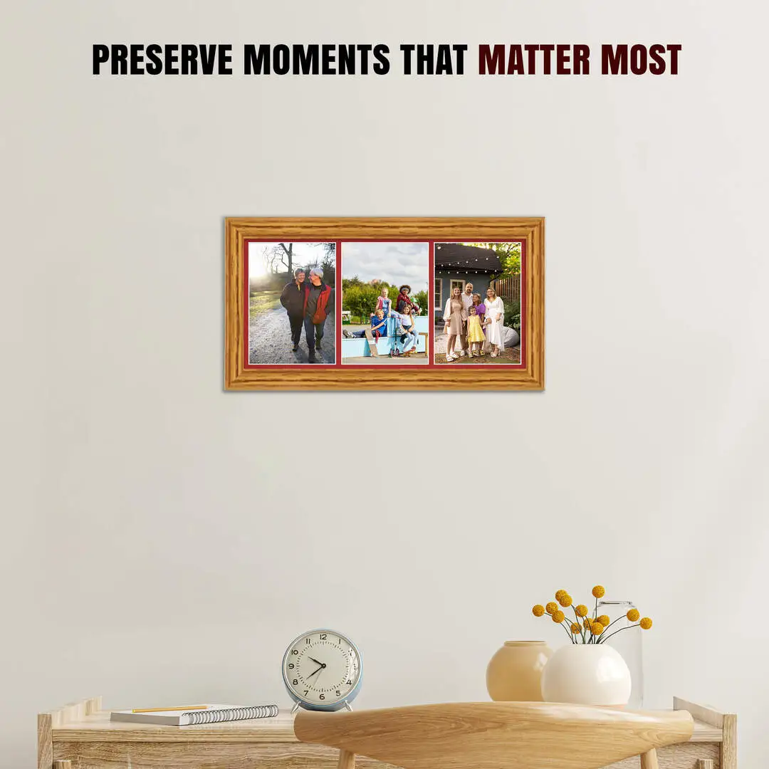 16x8" Classic Oak Multi Aperture Photo Frame - Fits 7x5" (x3) Photos | Collage Frame thumbnail 2