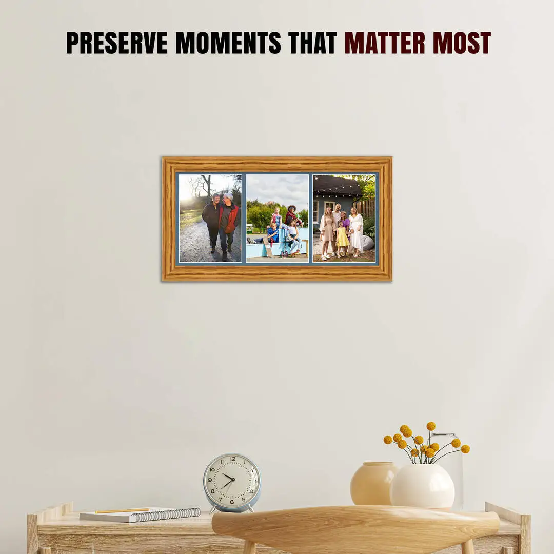 16x8" Oak Classic Multi Aperture Photo Frame Holds 7x5" (x3) Photos With Pompador Mount | Modern Collage Frame thumbnail 2