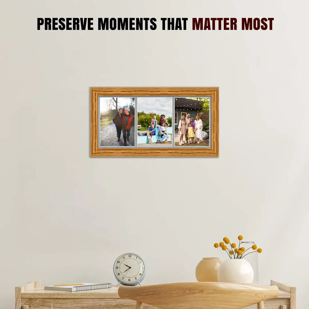 16x8" Classic Oak Multi Aperture Photo Frame - Fits 7x5" (x3) Photos | Collage Frame thumbnail 2