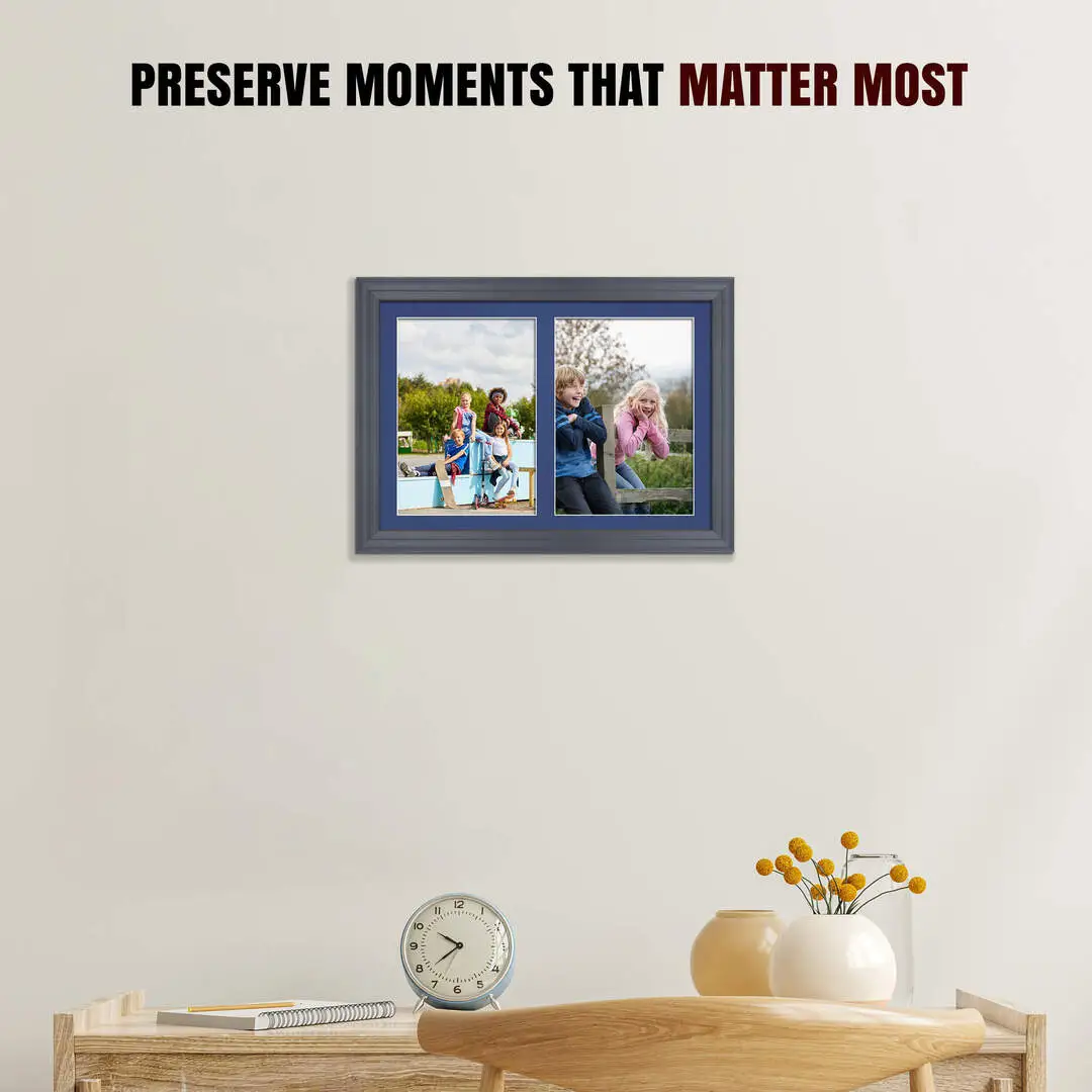 20x14" Dark Grey Classic Multi Aperture Photo Frame Holds A4 (x2) Photos With Blue Mount | Modern Collage Frame thumbnail 2