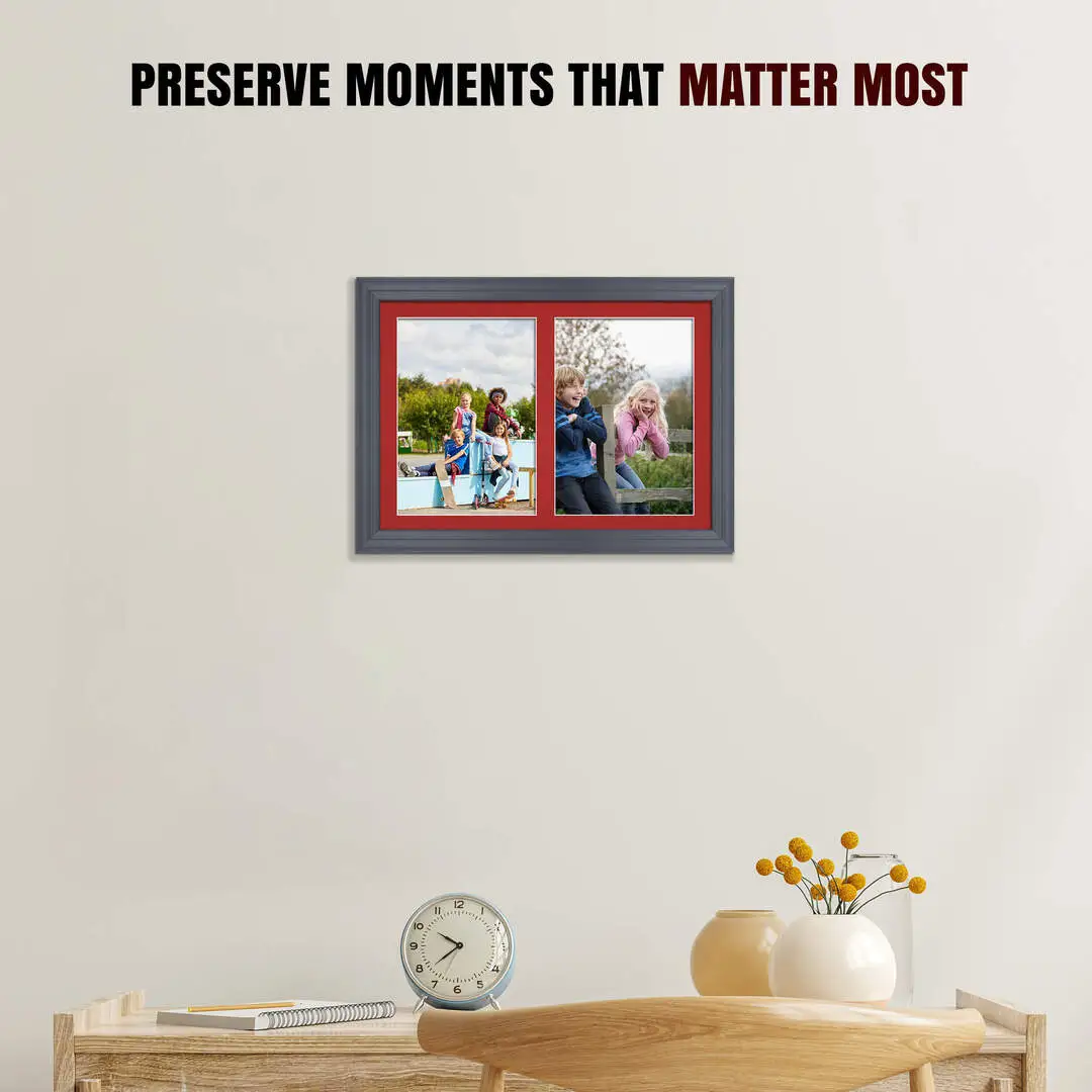 20x14" Dark Grey Classic Multi Aperture Photo Frame Holds A4 (x2) Photos With Crimson Mount | Modern Collage Frame thumbnail 2