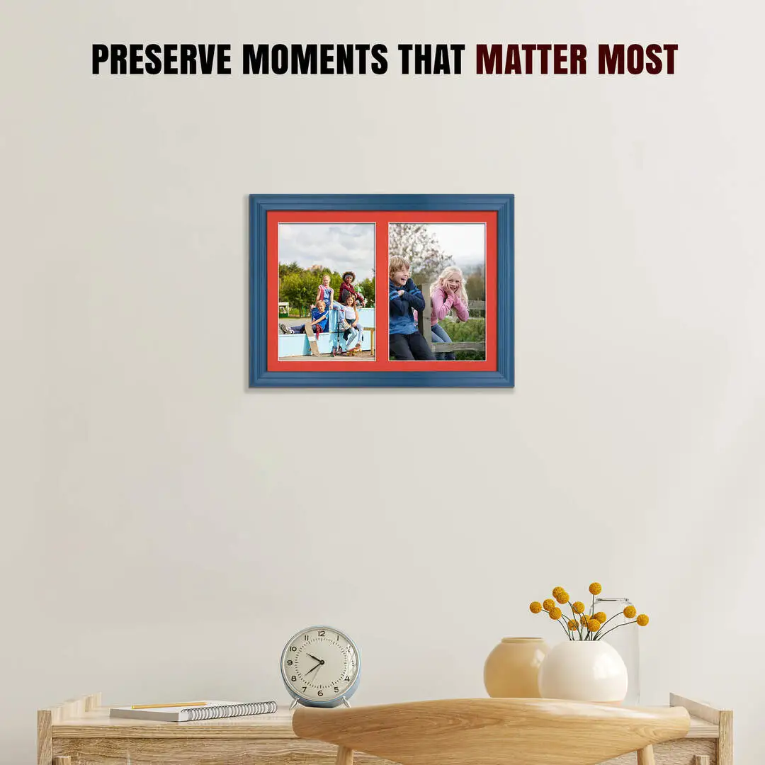20x14" Navy Blue Classic Multi Aperture Photo Frame Holds A4 (x2) Photos With Poppy Red Mount | Modern Collage Frame thumbnail 2