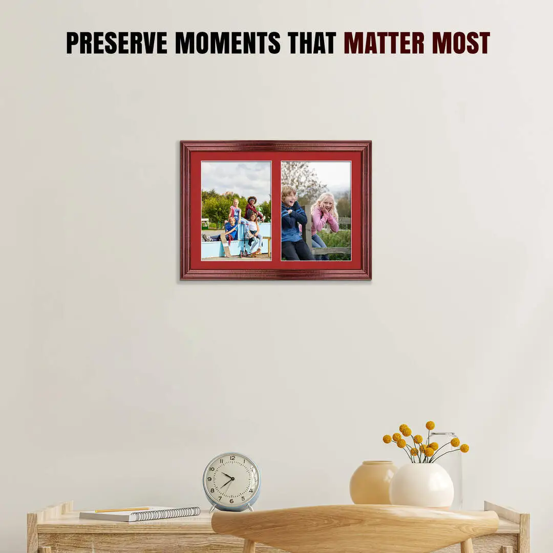 20x14" Rose Wood Classic Multi Aperture Photo Frame Holds A4 (x2) Photos With Crimson Mount | Modern Collage Frame thumbnail 2