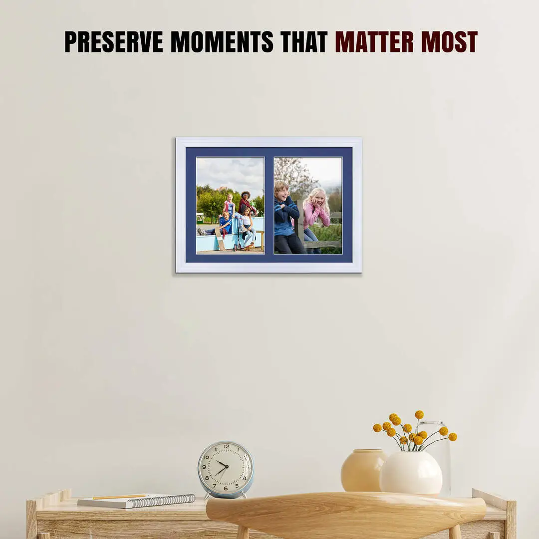 20x14" White Classic Multi Aperture Photo Frame Holds A4 (x2) Photos With Blue Mount | Modern Collage Frame thumbnail 2