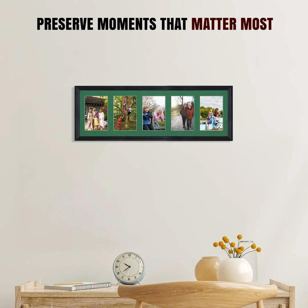 26x8" Black Classic Multi Aperture Photo Frame Holds 6x4" (x5) Photos With Emerald (Green) Mount | Modern Collage Frame thumbnail 2