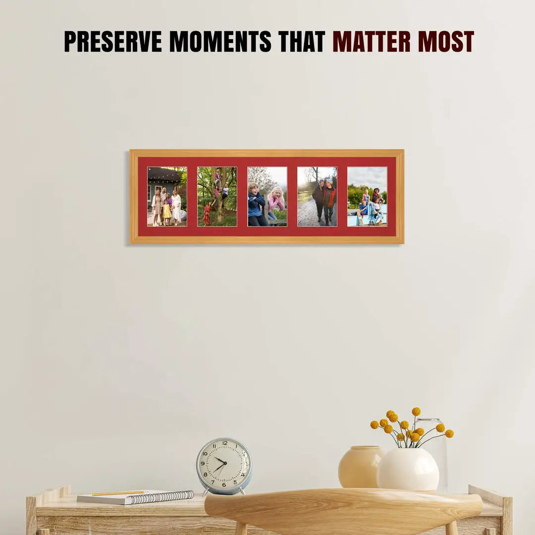26x8" Country Pine Classic Multi Aperture Photo Frame Holds 6x4" (x5) Photos With Crimson Mount | Modern Collage Frame thumbnail 2