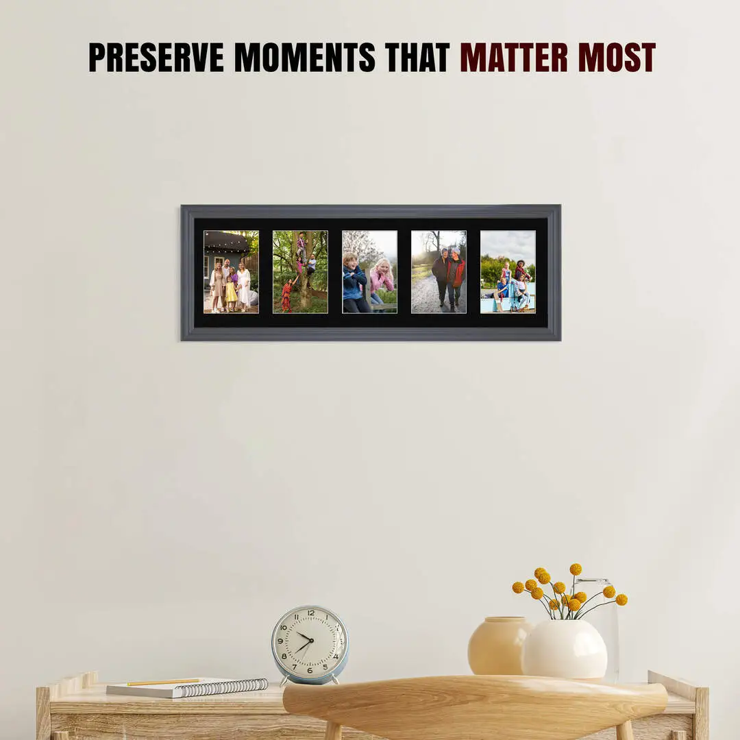 26x8" Dark Grey Classic Multi Aperture Photo Frame - Fits 6x4" (x5) Photos | Collage Frame thumbnail 2