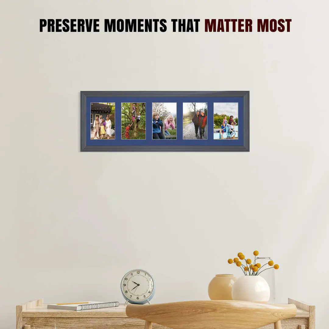 26x8" Dark Grey Classic Multi Aperture Photo Frame Holds 6x4" (x5) Photos With Blue Mount | Modern Collage Frame thumbnail 2