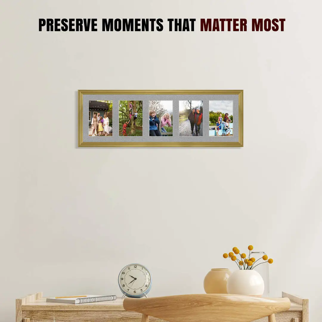26x8" Classic Gold Multi Aperture Photo Frame - Fits 6x4" (x5) Photos | Collage Frame thumbnail 2