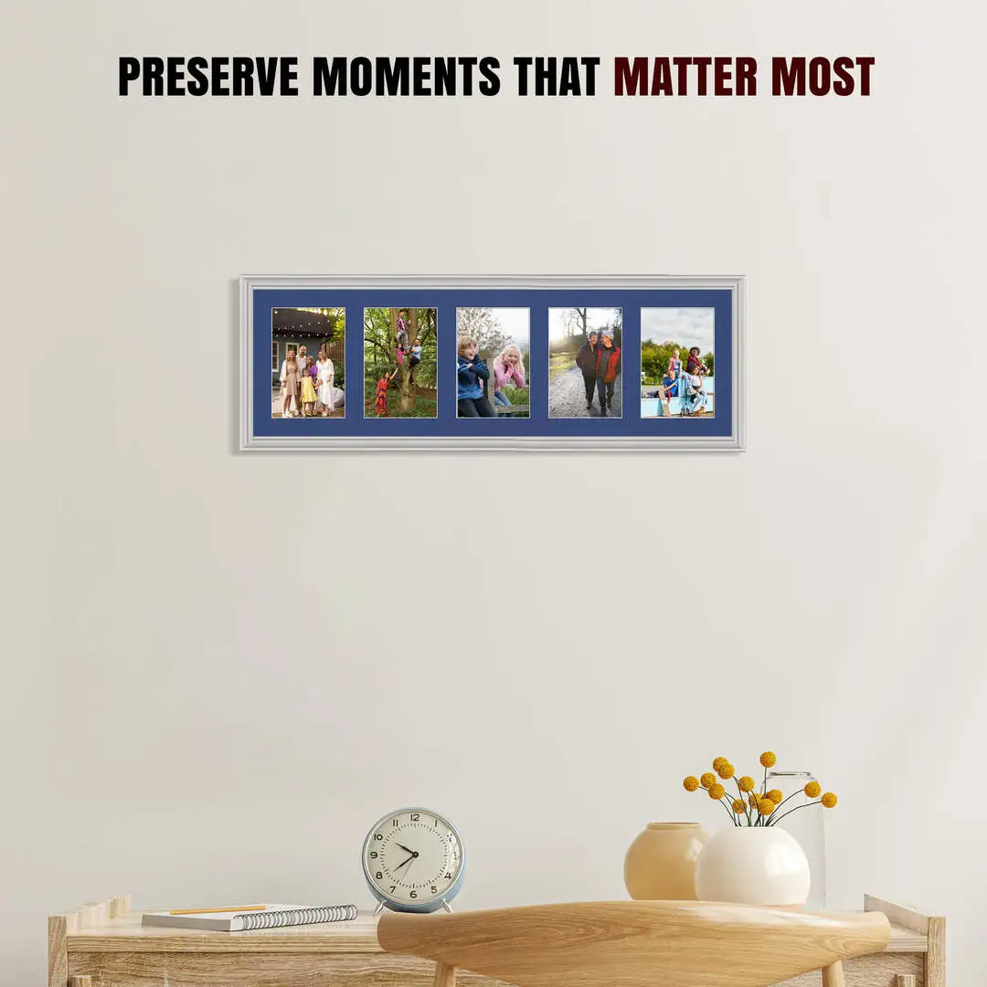26x8" Light Grey Classic Multi Aperture Photo Frame Holds 6x4" (x5) Photos With Blue Mount | Modern Collage Frame thumbnail 2