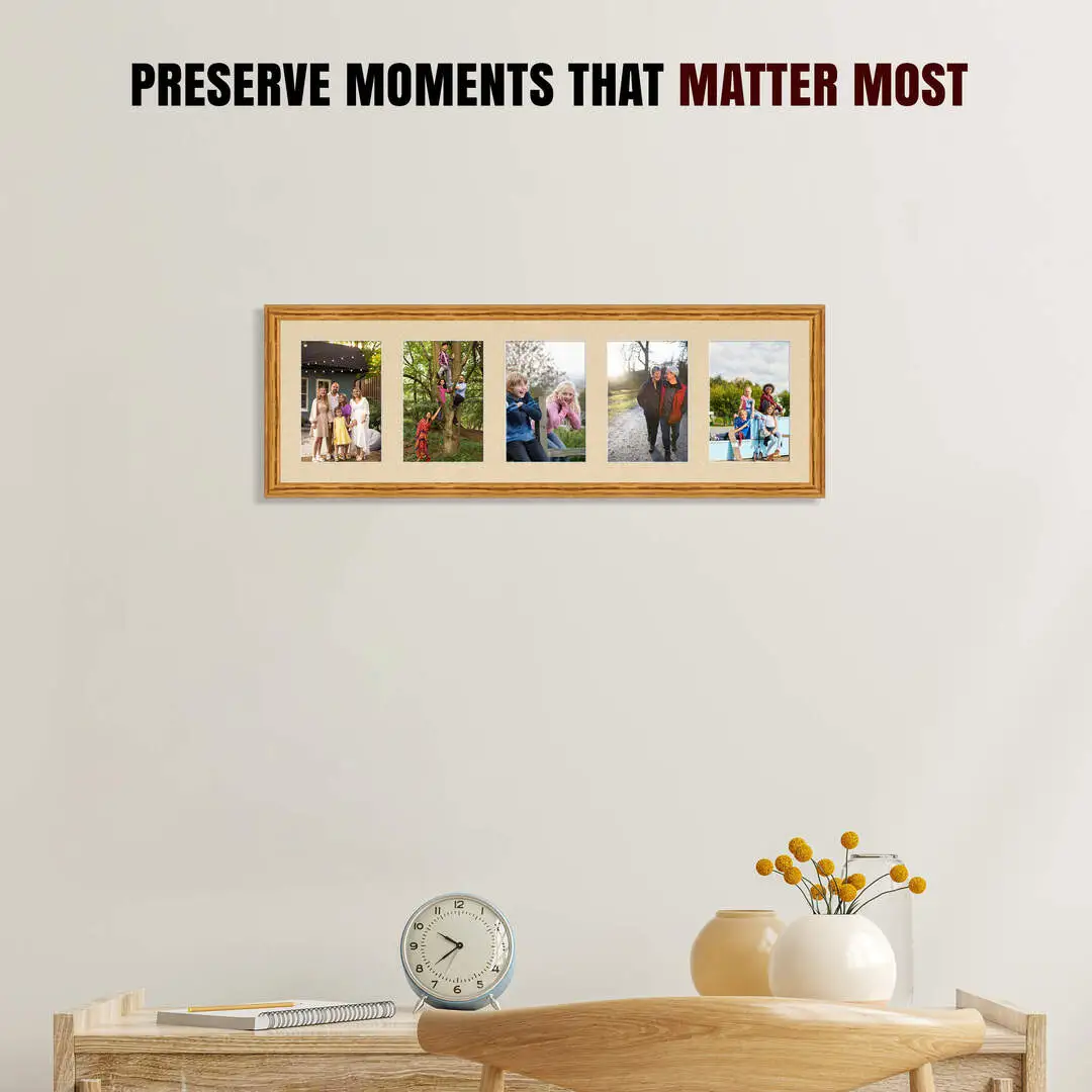 26x8" Classic Oak Multi Aperture Photo Frame - Fits 6x4" (x5) Photos | Collage Frame thumbnail 2