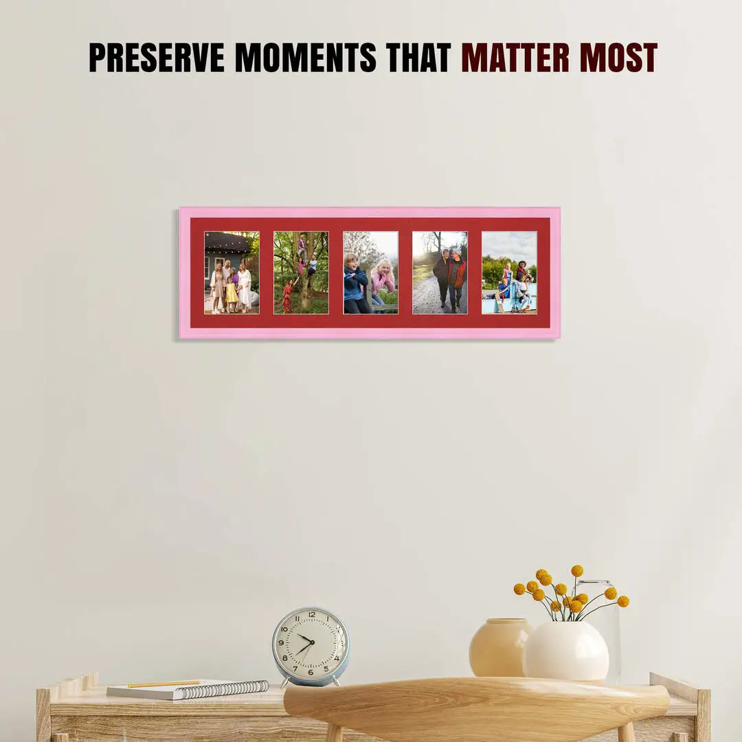 26x8" Pastel Pink Classic Multi Aperture Photo Frame Holds 6x4" (x5) Photos With Crimson Mount | Modern Collage Frame thumbnail 2