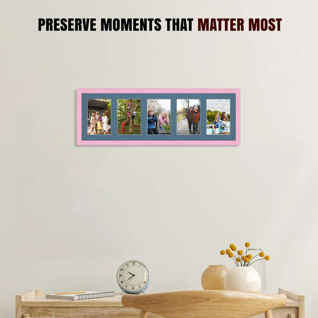 26x8" Pastel Pink Classic Multi Aperture Photo Frame Holds 6x4" (x5) Photos With Pompador Mount | Modern Collage Frame thumbnail 2