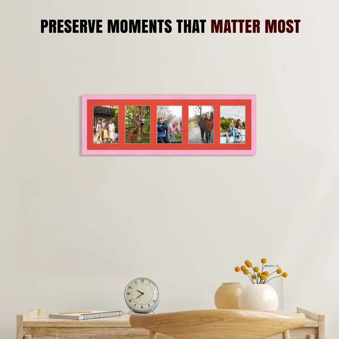 26x8" Pastel Pink Classic Multi Aperture Photo Frame - Fits 6x4" (x5) Photos | Collage Frame thumbnail 2