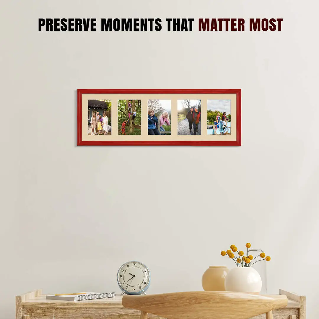 26x8" Red Classic Multi Aperture Photo Frame Holds 6x4" (x5) Photos With Ivory Mount | Modern Collage Frame thumbnail 2