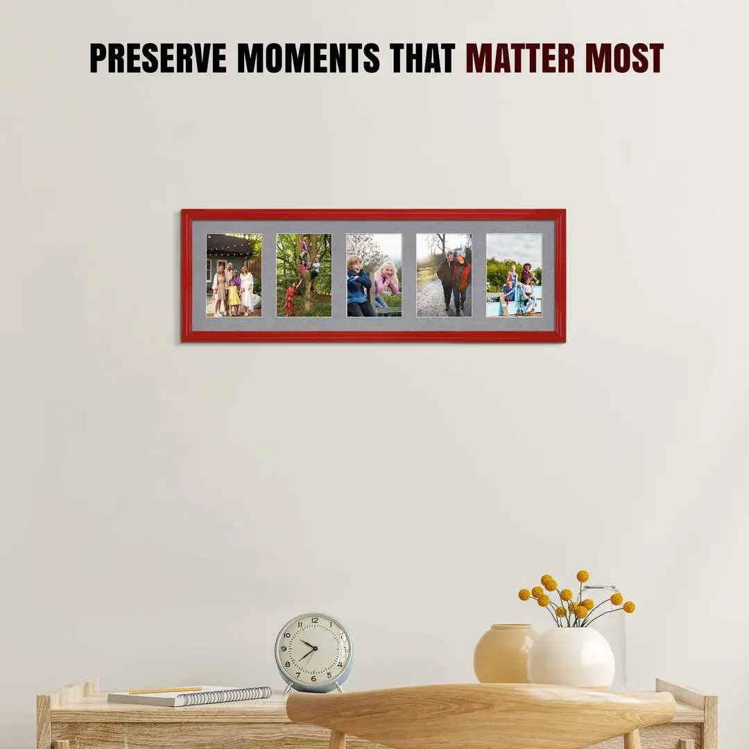 26x8" Red Classic Multi Aperture Photo Frame Holds 6x4" (x5) Photos With Mid Grey Mount | Modern Collage Frame thumbnail 2