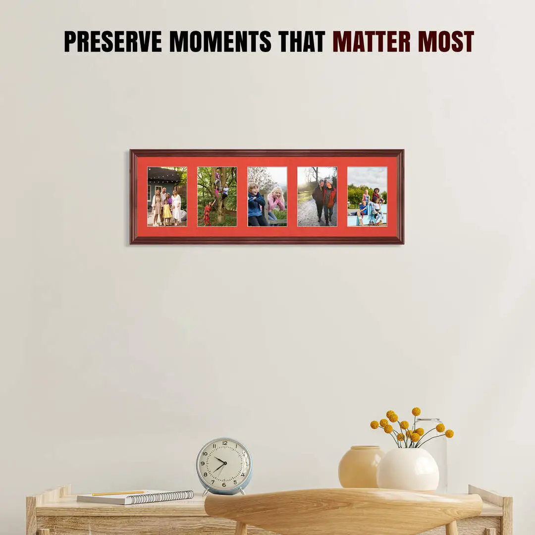 26x8" Rose Wood Classic Multi Aperture Photo Frame Holds 6x4" (x5) Photos With Poppy Red Mount | Modern Collage Frame thumbnail 2
