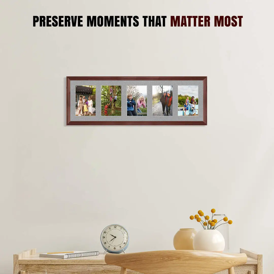 26x8" Rose Wood Classic Multi Aperture Photo Frame - Fits 6x4" (x5) Photos | Collage Frame thumbnail 2