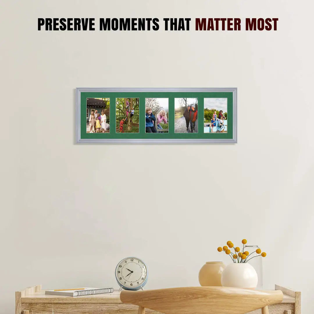 26x8" Silver Classic Multi Aperture Photo Frame Holds 6x4" (x5) Photos With Emerald (Green) Mount | Modern Collage Frame thumbnail 2