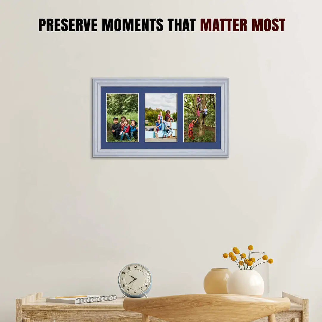 40x20cm Silver Classic Multi Aperture Photo Frame Holds 6x4" (x3) Photos With Blue Mount | Modern Collage Frame thumbnail 2