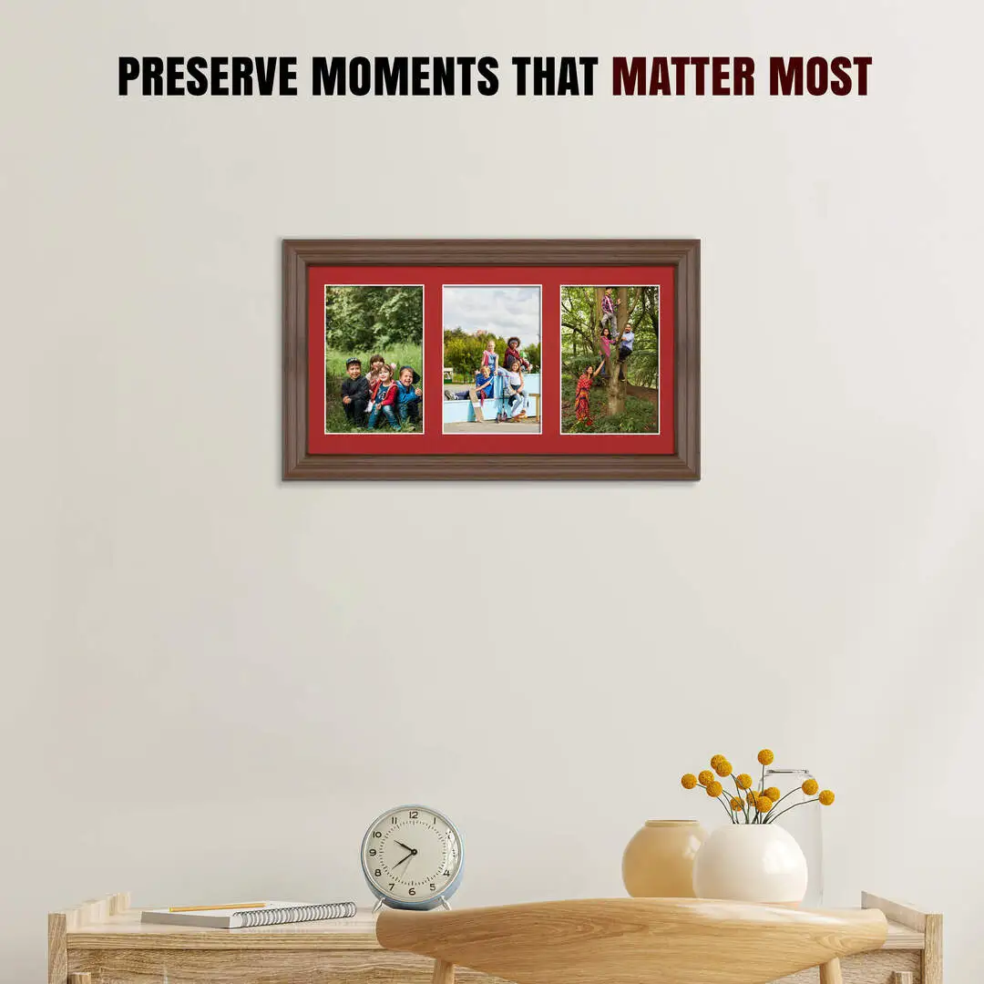 40x20cm Walnut Classic Multi Aperture Photo Frame Holds 6x4" (x3) Photos With Crimson Mount | Modern Collage Frame thumbnail 2