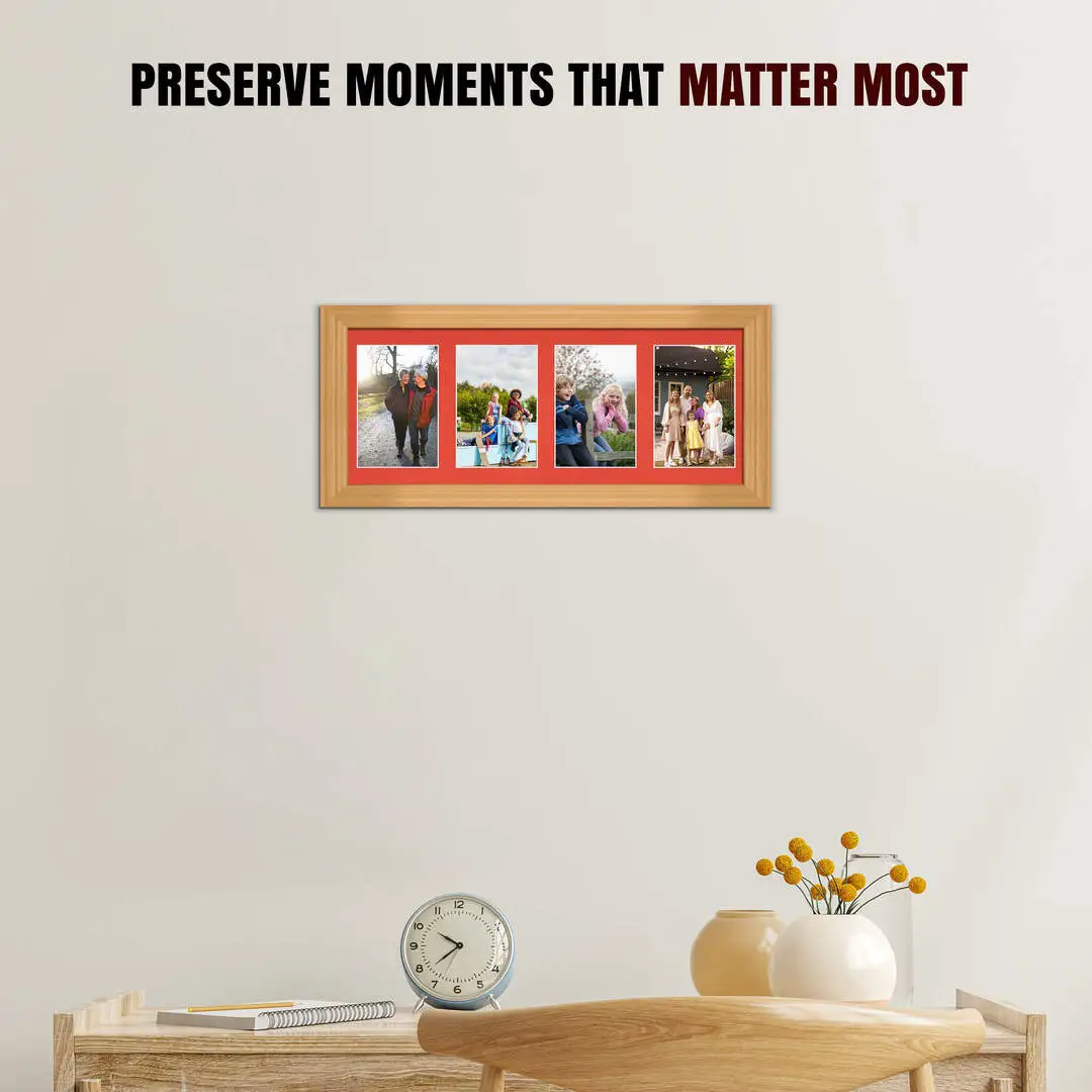 50x20cm Country Pine Classic Multi Aperture Photo Frame Holds 6x4" (x4) Photos With Poppy Red Mount | Modern Collage Frame thumbnail 2
