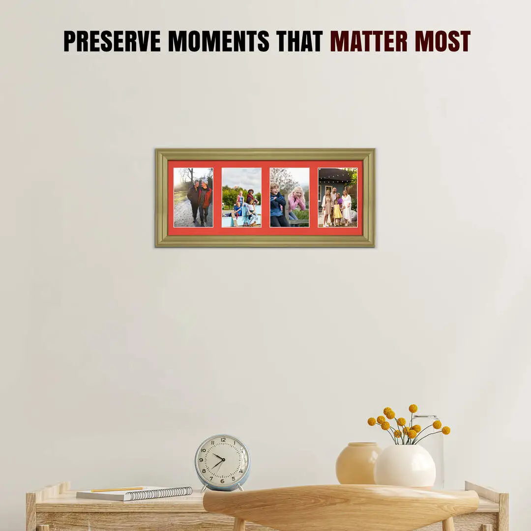50x20cm Gold Classic Multi Aperture Photo Frame Holds 6x4" (x4) Photos With Poppy Red Mount | Modern Collage Frame thumbnail 2