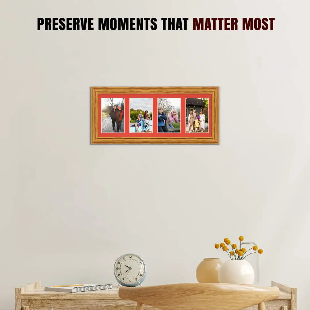 50x20cm Oak Classic Multi Aperture Photo Frame Holds 6x4" (x4) Photos With Poppy Red Mount | Modern Collage Frame thumbnail 2