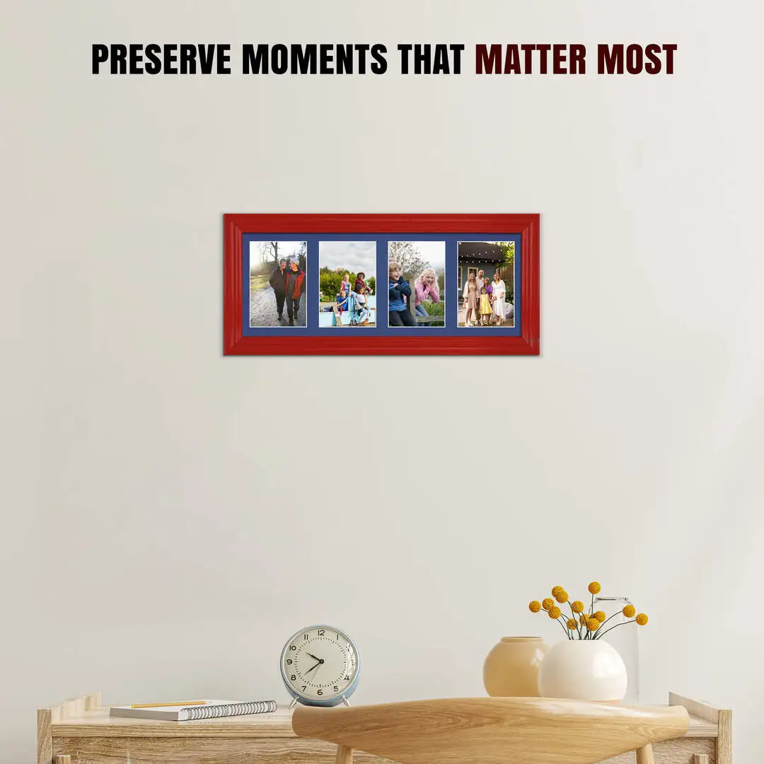 50x20cm Red Classic Multi Aperture Photo Frame Holds 6x4" (x4) Photos With Blue Mount | Modern Collage Frame thumbnail 2