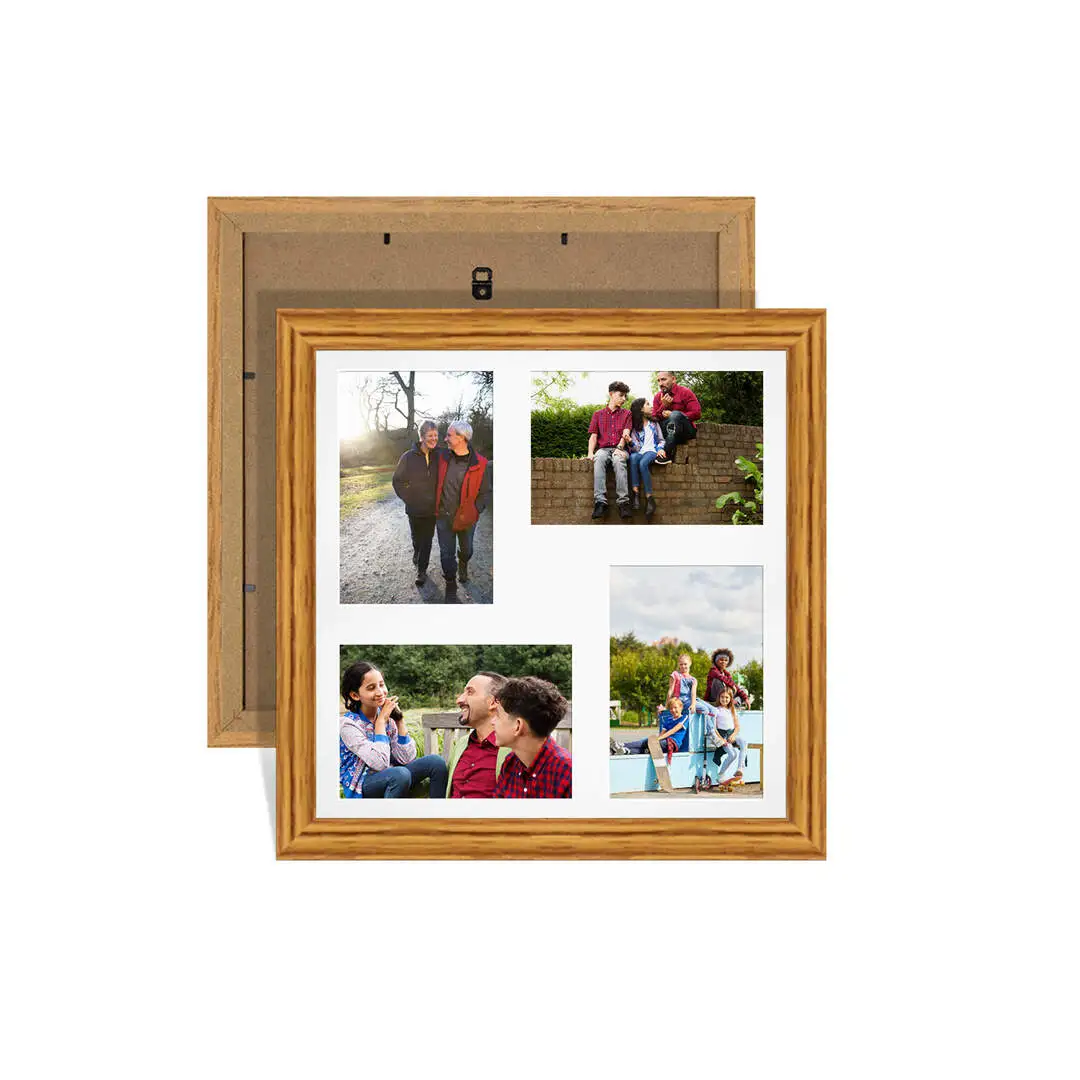 12x12" Oak Classic Multi Aperture Photo Frame Holds 6x4" (x4) Photos With Ice White Mount | Modern Collage Frame