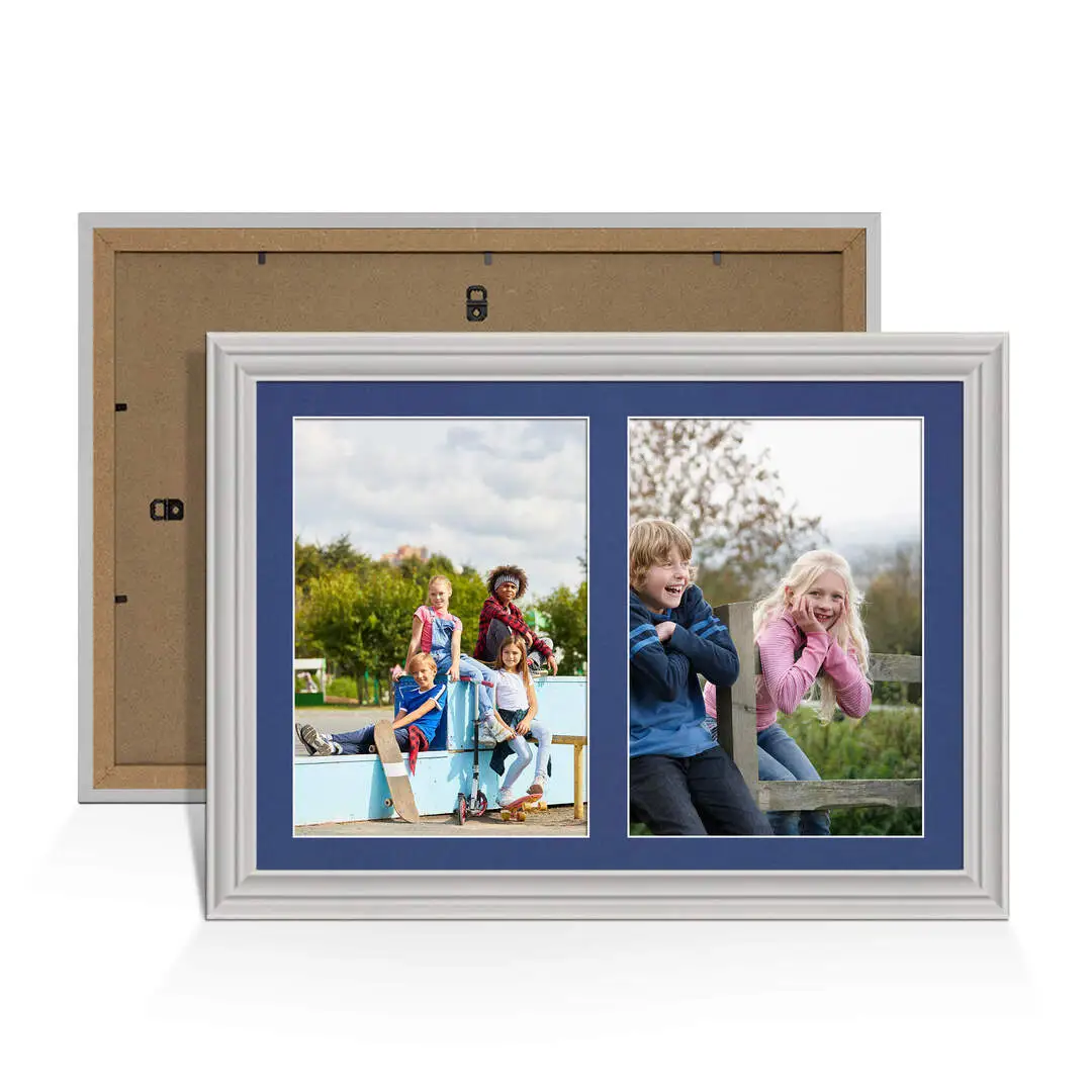 20x14" Light Grey Modern Multi Aperture Photo Frame Holds A4 (x2) Photos With Blue Mount | Modern Collage Frame
