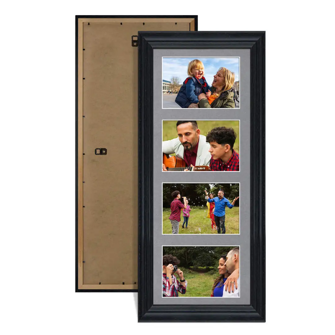 50x20cm Black Classic Multi Aperture Photo Frame Holds 6x4" (x4) Photos With Mid Grey Mount | Modern Collage Frame