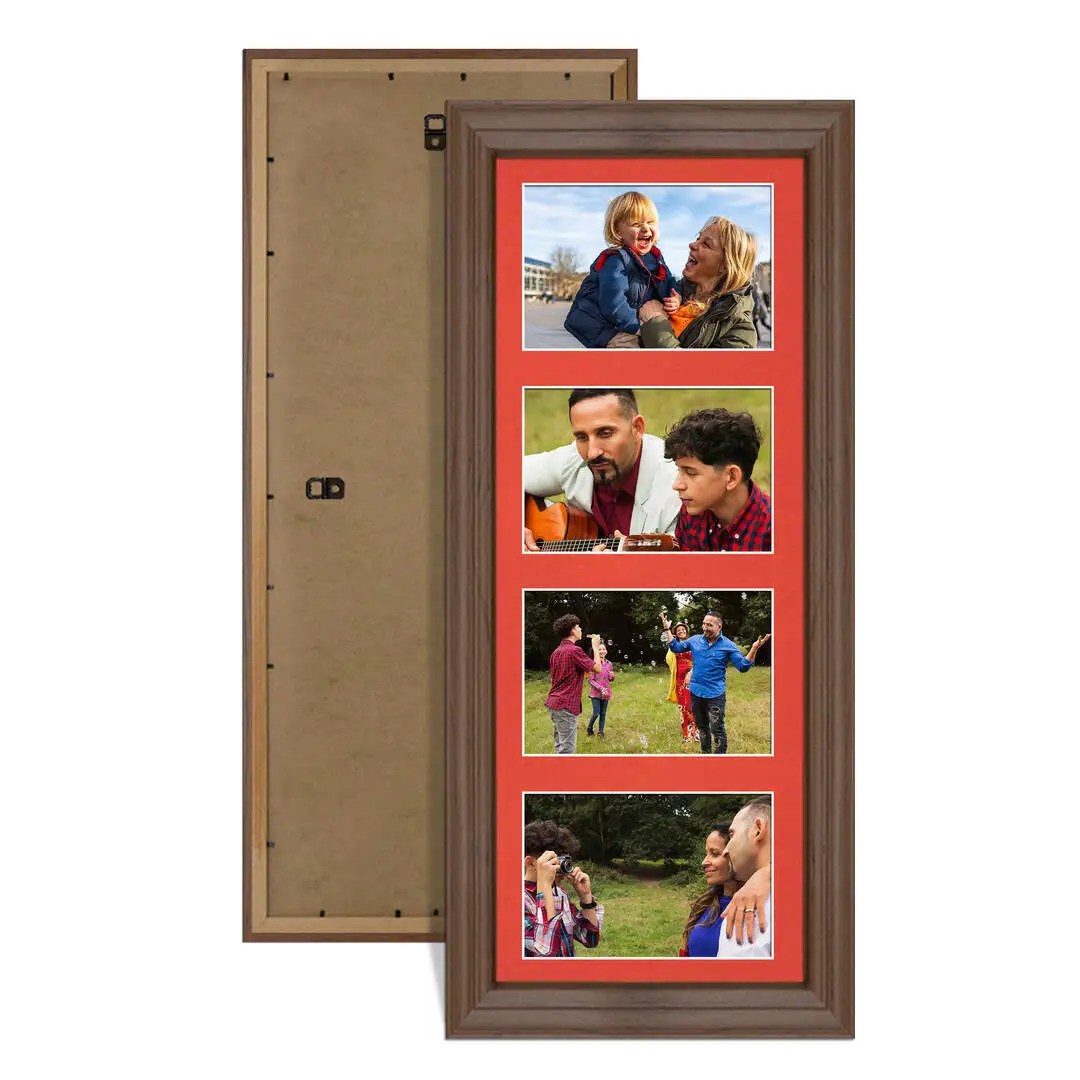 50x20cm Walnut Classic Multi Aperture Photo Frame Holds 6x4" (x4) Photos With Poppy Red Mount | Modern Collage Frame
