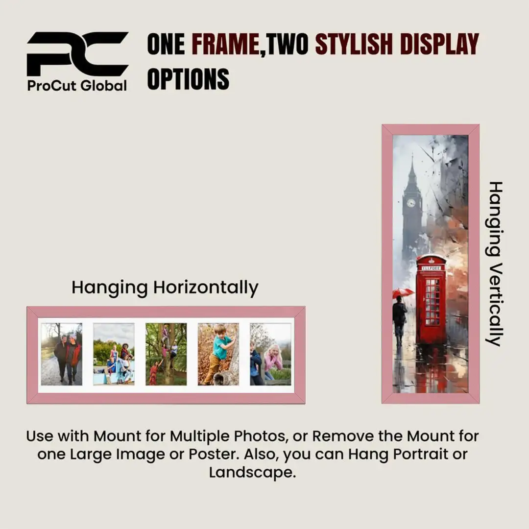 26x8" Pastel Pink Sleek Multi Aperture Photo Frame Holds 6x4" (x5) Photos With Pompador Mount | Modern Collage Frame thumbnail 4