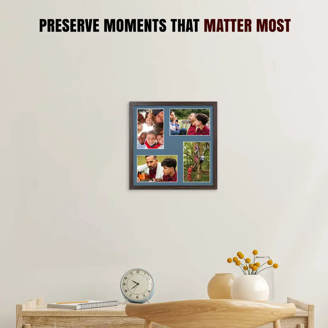 12x12" Walnut Sleek Multi Aperture Photo Frame Holds 6x4" (x4) Photos With Pompador Mount | Modern Collage Frame thumbnail 2