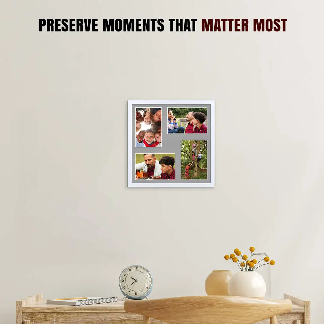 12x12" White Sleek Multi Aperture Photo Frame Holds 6x4" (x4) Photos With Silver Mount | Modern Collage Frame thumbnail 2