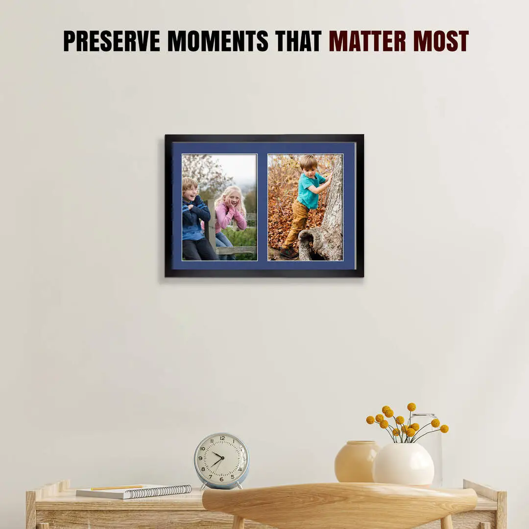 20x14" Black Sleek Multi Aperture Photo Frame Holds A4 (x2) Photos With Blue Mount | Modern Collage Frame thumbnail 2