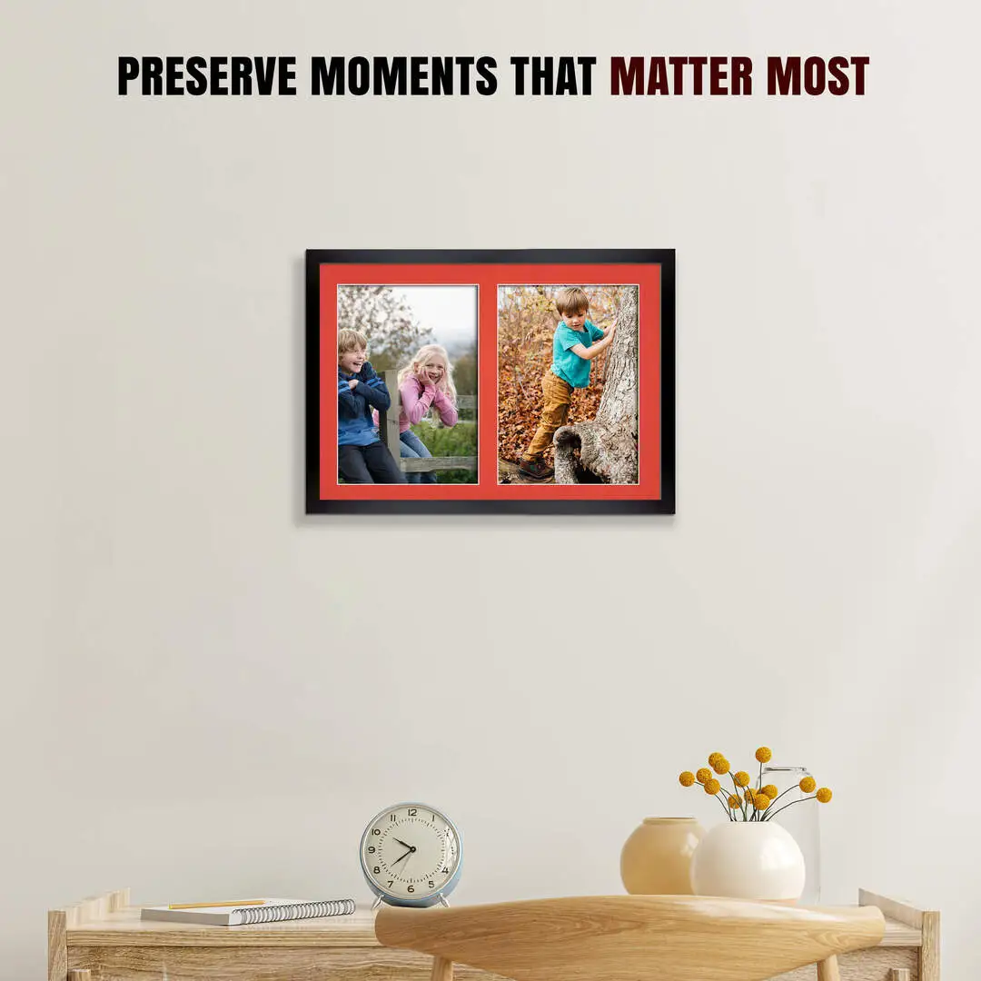 20x14" Black Sleek Multi Aperture Photo Frame Holds A4 (x2) Photos With Poppy Red Mount | Modern Collage Frame thumbnail 2