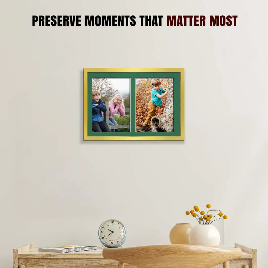 20x14" Gold Sleek Multi Aperture Photo Frame Holds A4 (x2) Photos With Emerald (Green) Mount | Modern Collage Frame thumbnail 2