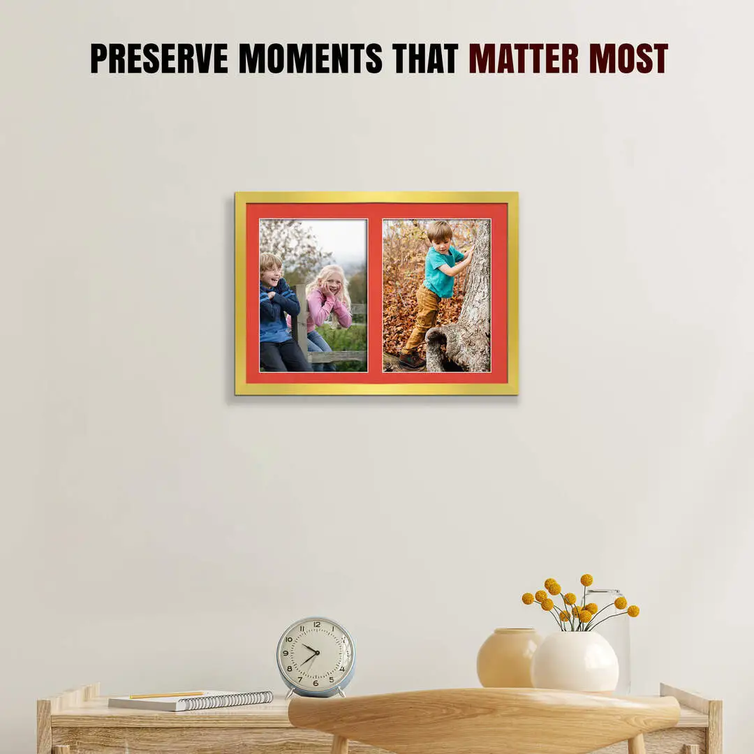 20x14" Gold Sleek Multi Aperture Photo Frame Holds A4 (x2) Photos With Poppy Red Mount | Modern Collage Frame thumbnail 2