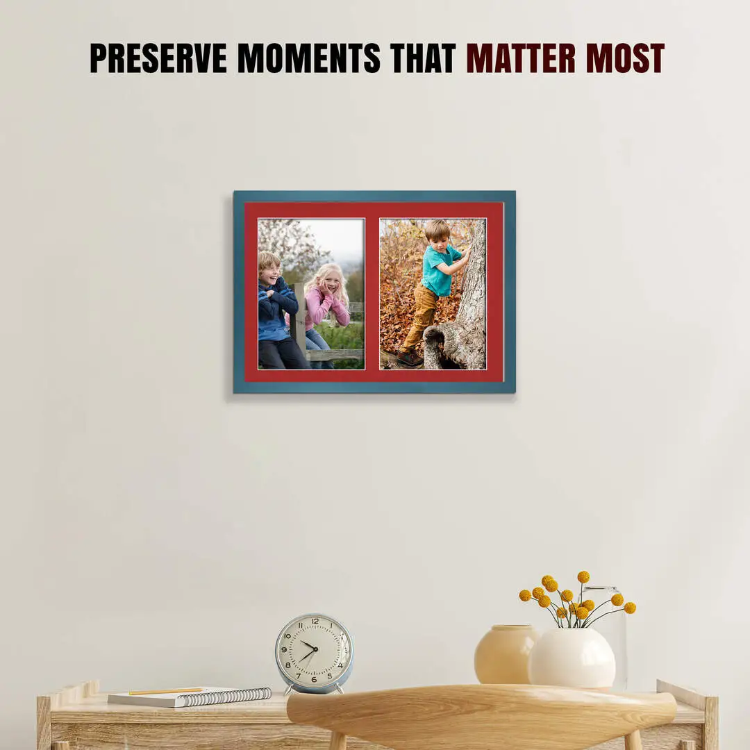 20x14" Navy Blue Sleek Multi Aperture Photo Frame Holds A4 (x2) Photos With Crimson Mount | Modern Collage Frame thumbnail 2